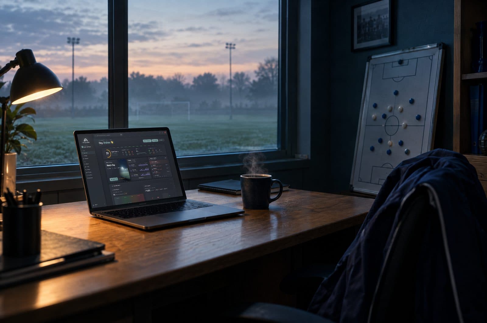 A coach’s desk at dawn with the AthleteArc dashboard open on a laptop