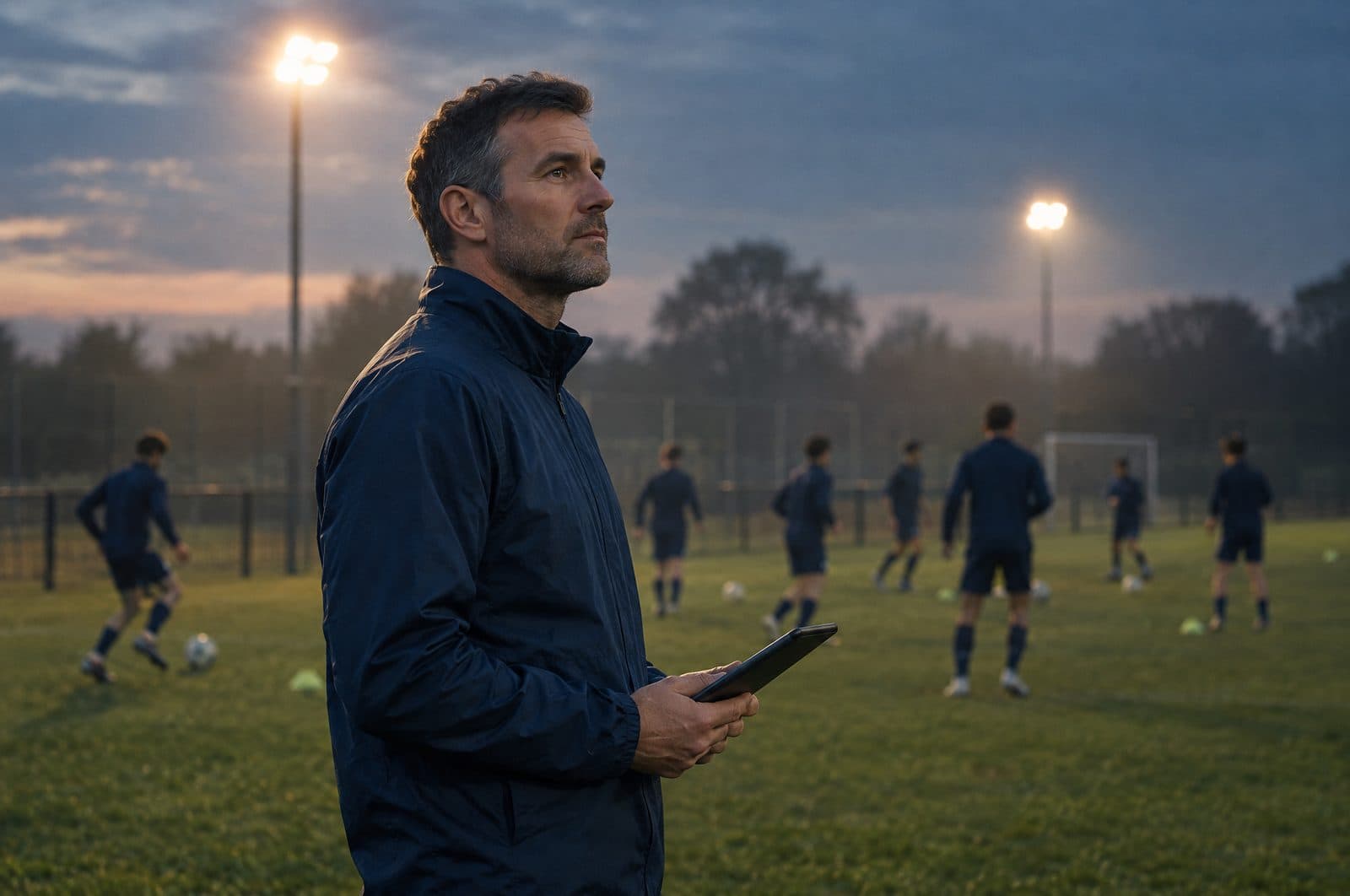 A coach on the touchline at dusk, tablet in hand, squad warming up under floodlights