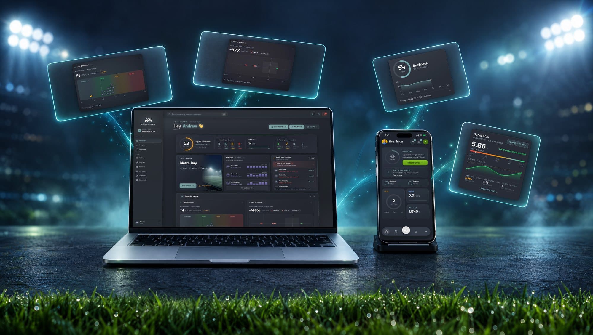 AthleteArc on a laptop showing the coach dashboard and a phone showing the player home screen, with load distribution, CMJ, readiness and sprint cards floating out of the screens