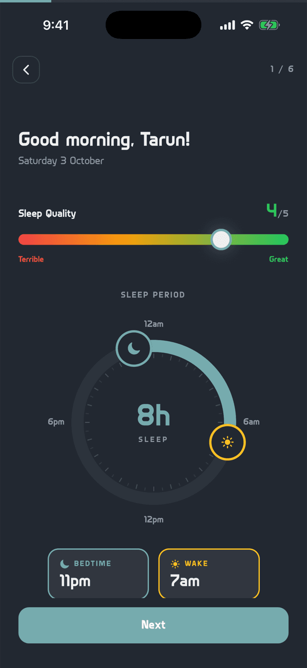 Morning check-in sleep screen with a sleep quality slider and an 11pm to 7am sleep dial