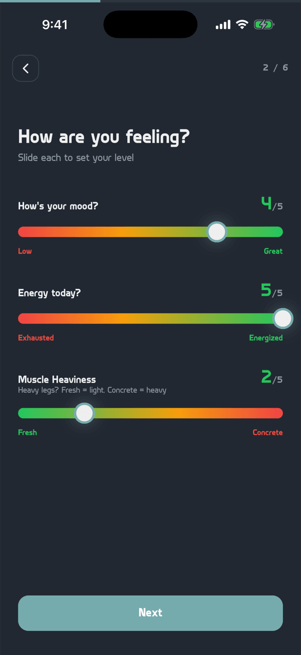 Morning check-in sliders for mood, energy and muscle heaviness