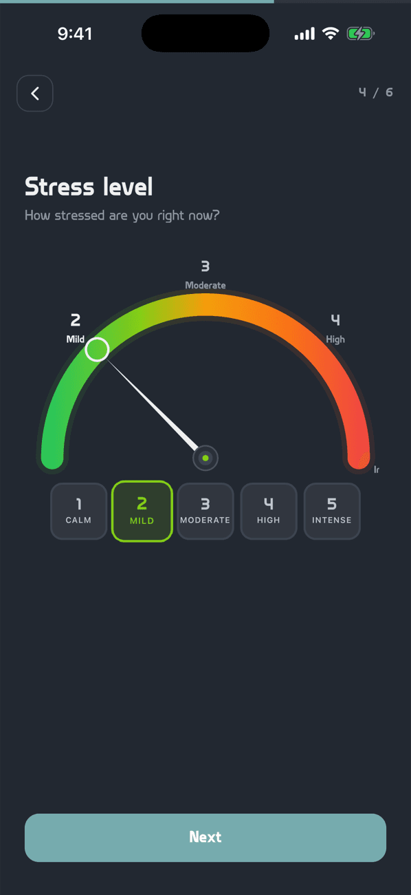 Stress level gauge in the AthleteArc check-in set to 2, Mild