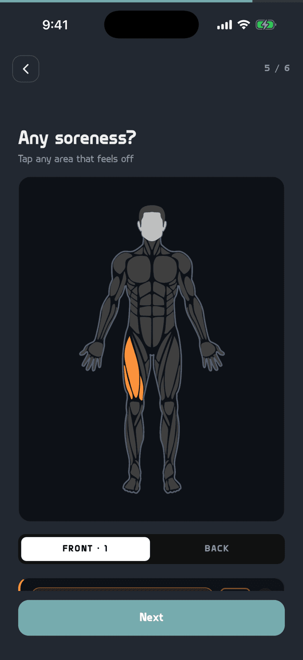 Front body map in the AthleteArc check-in for tapping sore areas