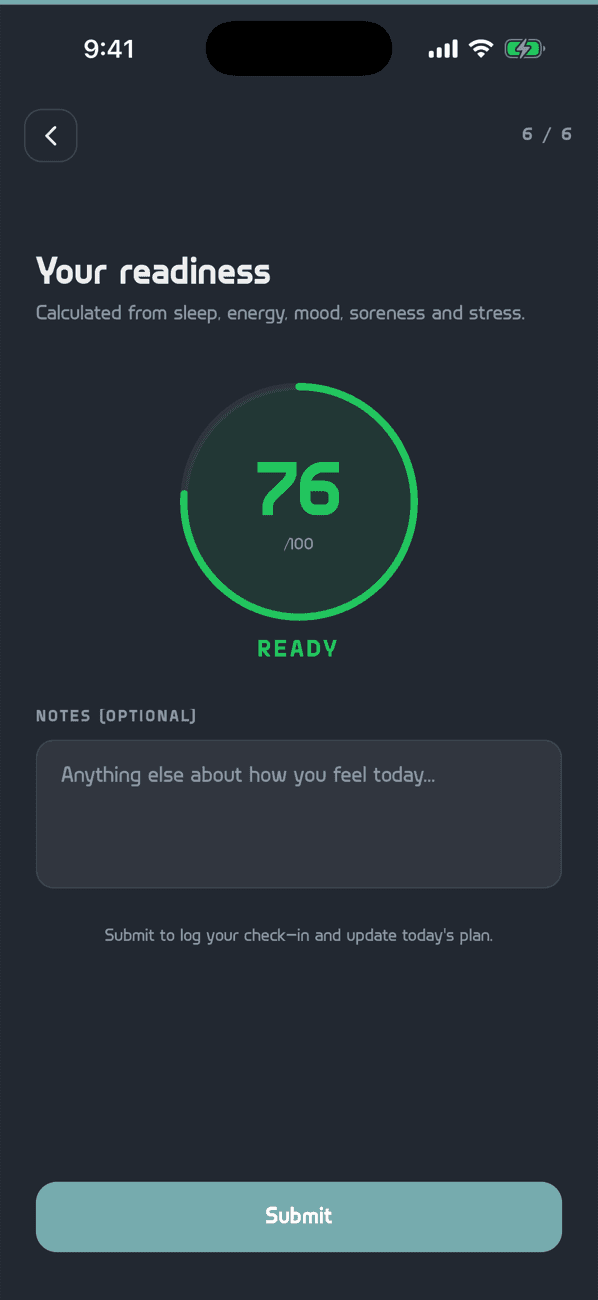 AthleteArc check-in result showing a readiness score of 76 out of 100, labelled Ready