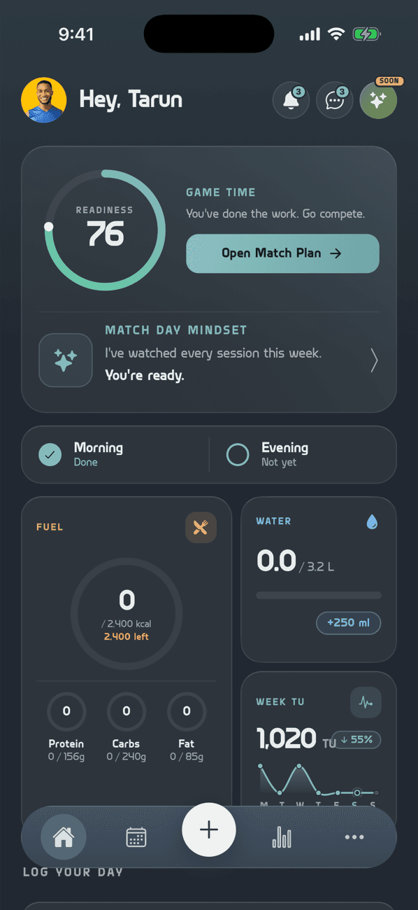 AthleteArc home screen with a readiness score of 76 and a match-day mindset card
