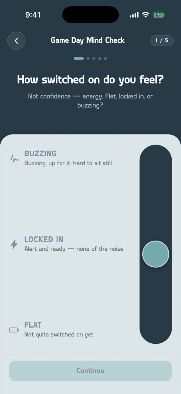 Game Day Mind Check asking how switched on the player feels, from flat to buzzing